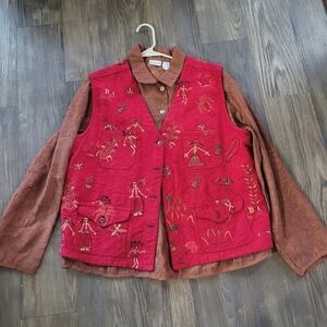 Chico's Primitive Embroidered Red Vest Size 3 (XL) Front Pockets Buttons Prairie